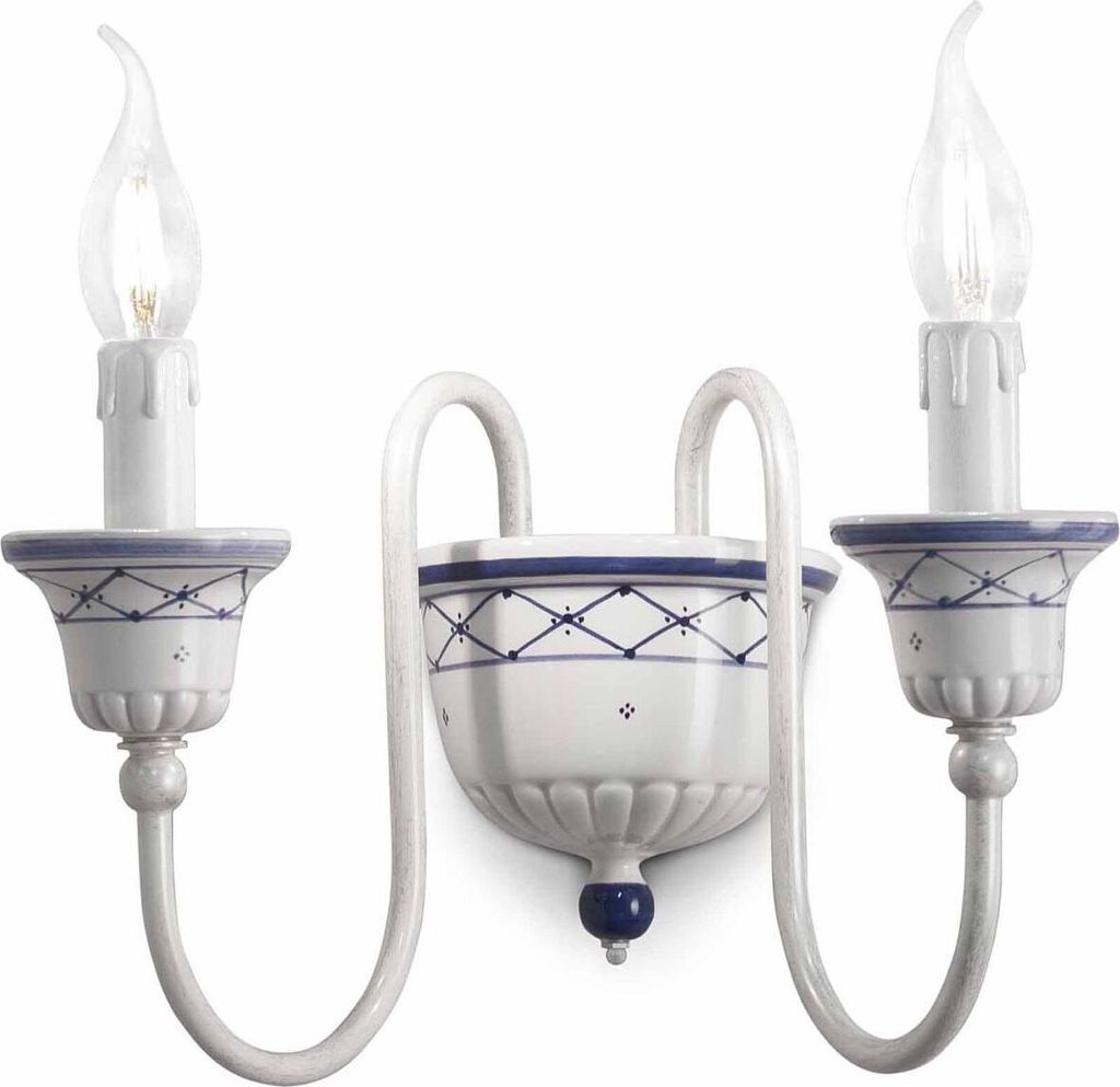 Wandleuchte Keramik E14 B: 32 cm Weiß Blau 2-flammig Landhausstil Keramikleuchte