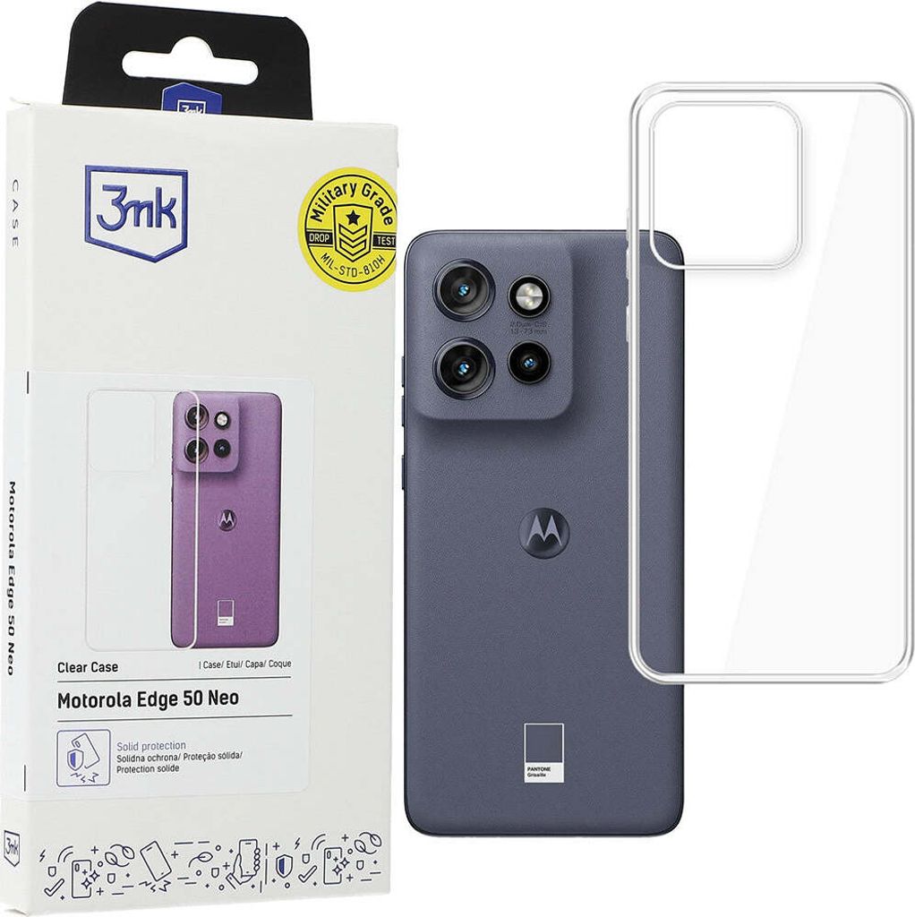 A product box for a phone case, with the phone case and a clear phone case shown.