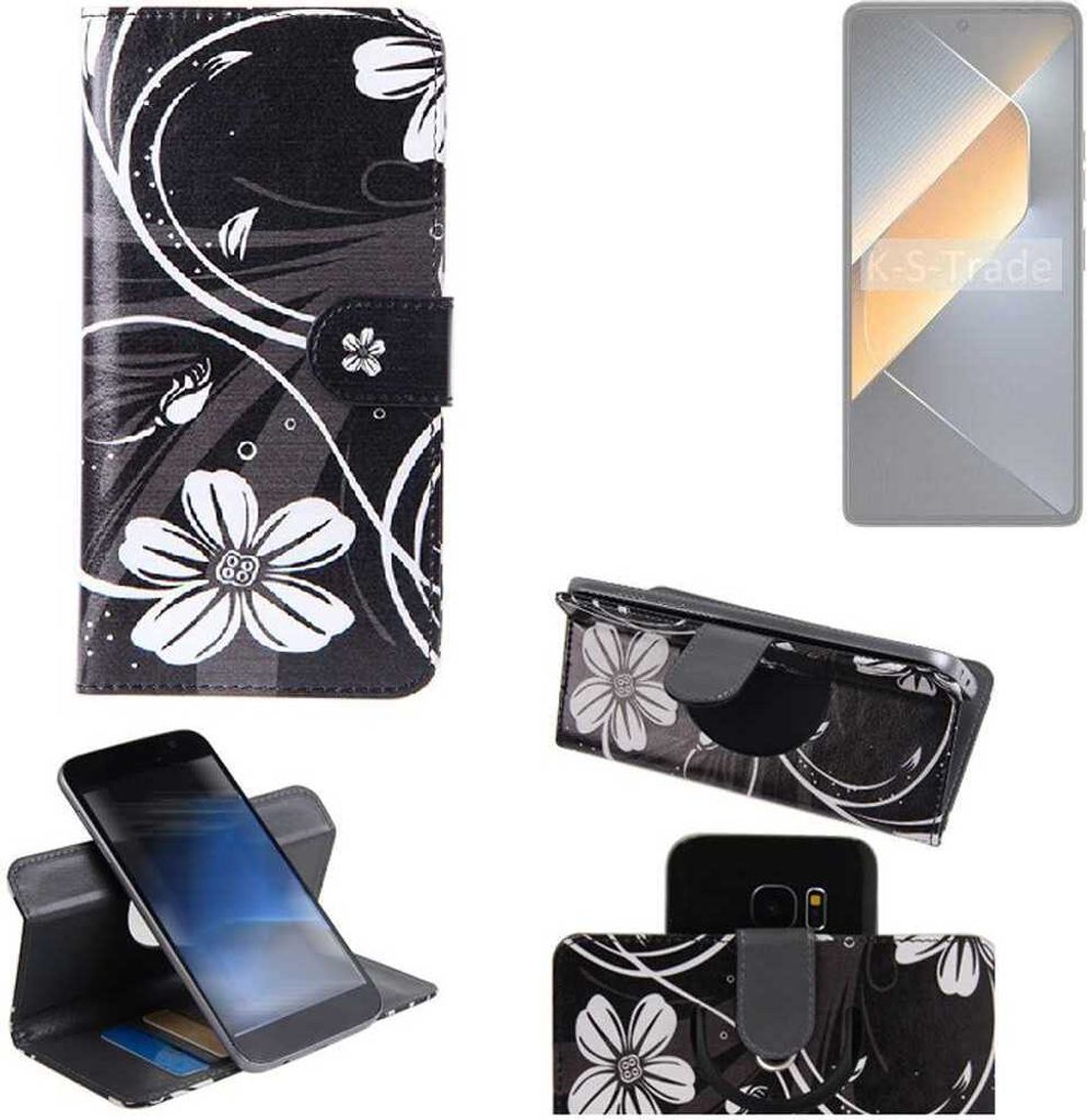 K-S-Trade Schutzhülle Handyhülle kompatibel mit Tecno Pova 6 Pro Hülle 360° Wallet Case “Flowers“ Klapphülle Hülle schwarz-weiß 1x