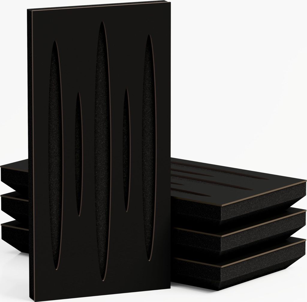 A stack of black acoustic foam panels with cut-out shapes.