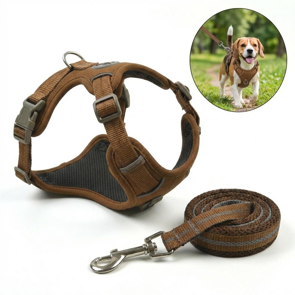 Reflektierendes Hundegeschirr Set mit Leine, Verstellbar, Gr. XL, Kaffeebraun