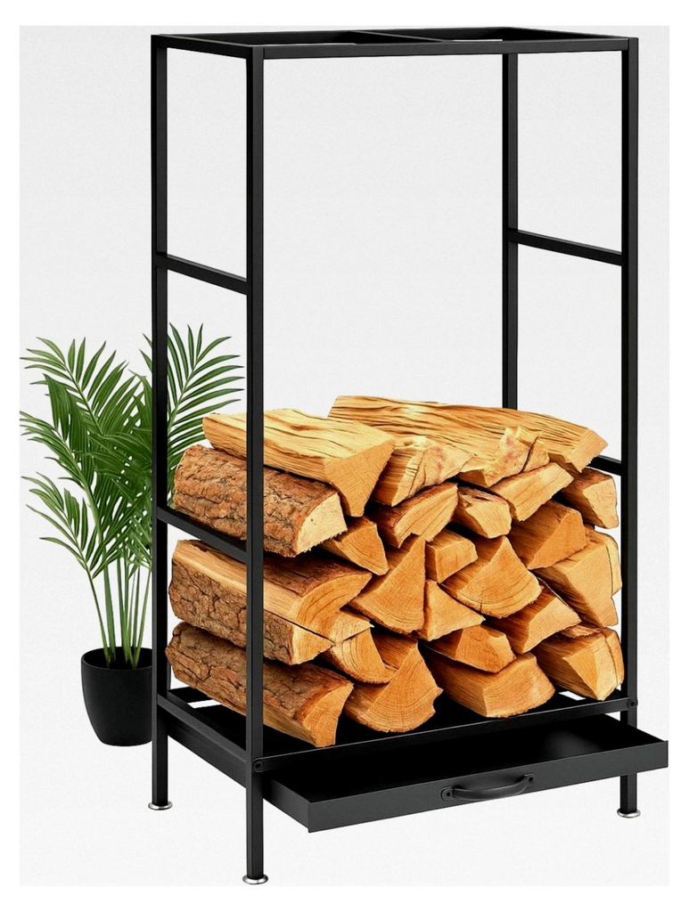 Kaminholzregal aus Metall Schwarz 80x50x25 cm Holzaufbewahrung mit Schublade
