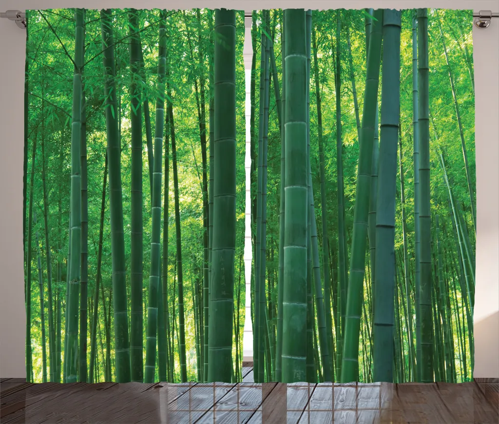 Rideau exotique vert chasseur en tissu résistant décor bambou rustique