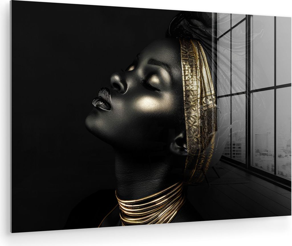 MuchoWow Glasbilder - Bilder auf Wandbild - Foto auf Glas Frau - Gold - Porträt - Modern 90x60 cm Wanddekoration aus Glas - Acrylglasbild - Acrylb...