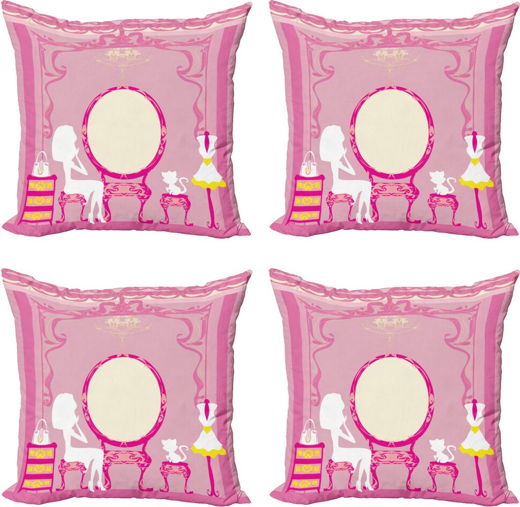 ABAKUHAUS Mode Kissenbezug Set (4 Stück), Französisch Lady Cat Spiegel, Moderner Doppelseitiger Digitaldruck, 60 cm x 60 cm, gelb Pink