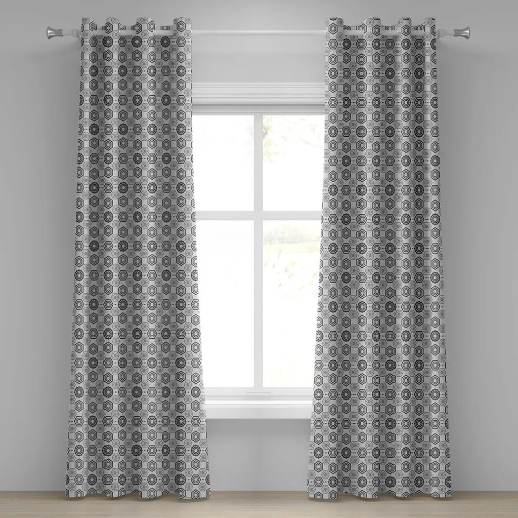 Rideau pour salon moderne gris et bleu motif hexagonal 2 panneaux