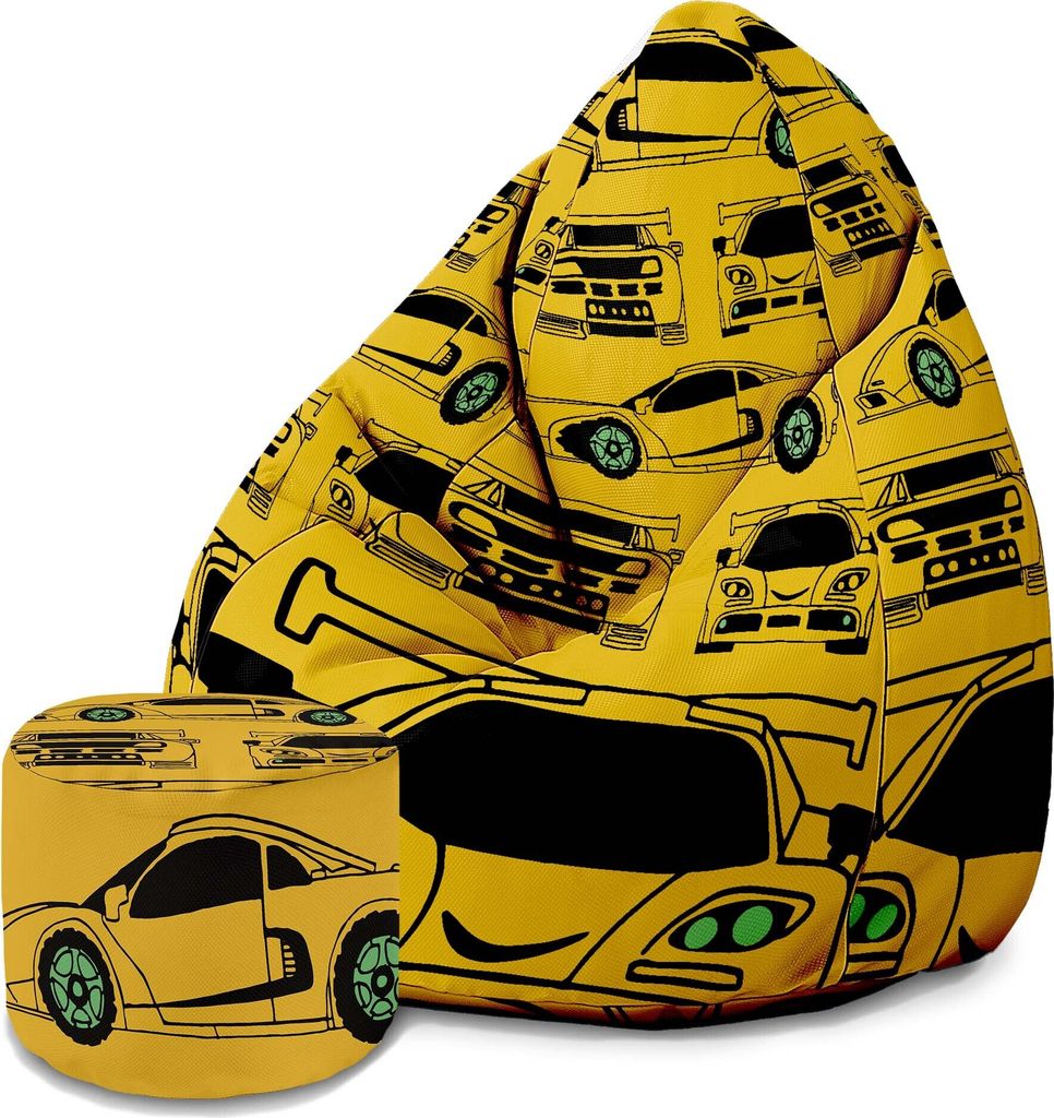 A bean bag chair and a matching ottoman with a yellow car pattern on a white background.