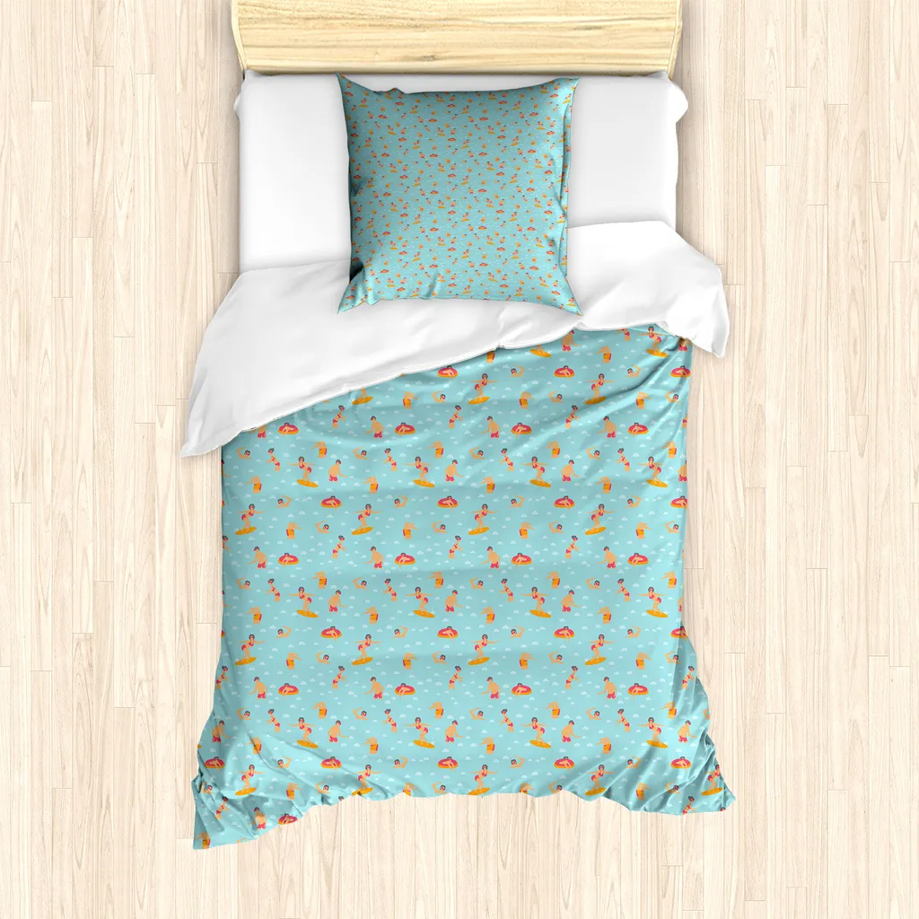 ABAKUHAUS Set copripiumino per letto singolo, persone che nuotano e fanno surf, antiacaro, adatto a chi soffre di allergie, con federa, 135 cm x 200 cm - 80 x 80 cm, Seafoam Sand Brown