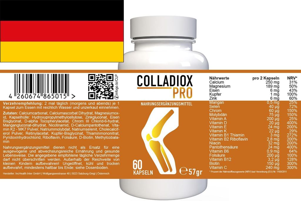 A product bottle with a label showing nutritional information and a diagram of a knee joint, alongside the German flag.