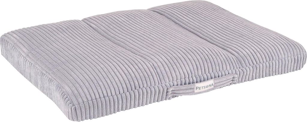 A gray, corduroy pet bed is shown from a diagonal angle against a white background.