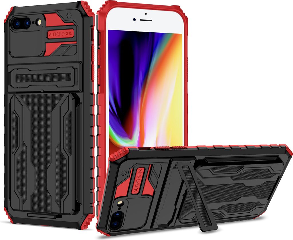 iPhone 8 Plus Hülle, Hybrid Robust Schutz Stoßfest Schutzhülle mit Kartenhalter Ständer für iPhone 7 Plus / 8 Plus Rot