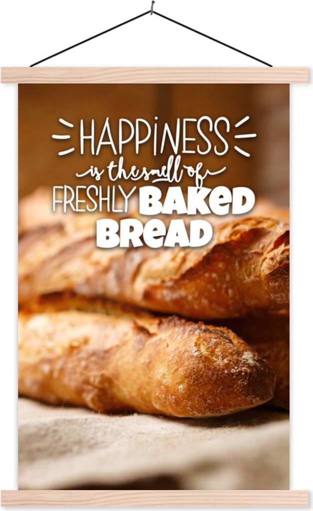 MuchoWow Textilposter Zitate - 'Glück ist der Duft von frisch gebackenem Brot' - Sprichwörter 40x60 cm mit holzfarbenen Rahmen - Poster