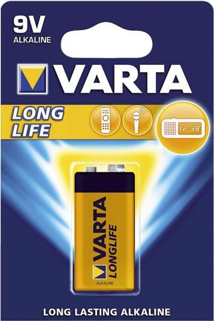 A VARTA 9V alkaline battery in its retail packaging.