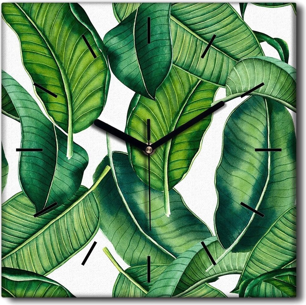 Coloray Uhr auf Leinwand 30x30 cm Wand Uhr Dekoration Wohnzimmer Segeltuch schwarze Hände -Tropische Blätter