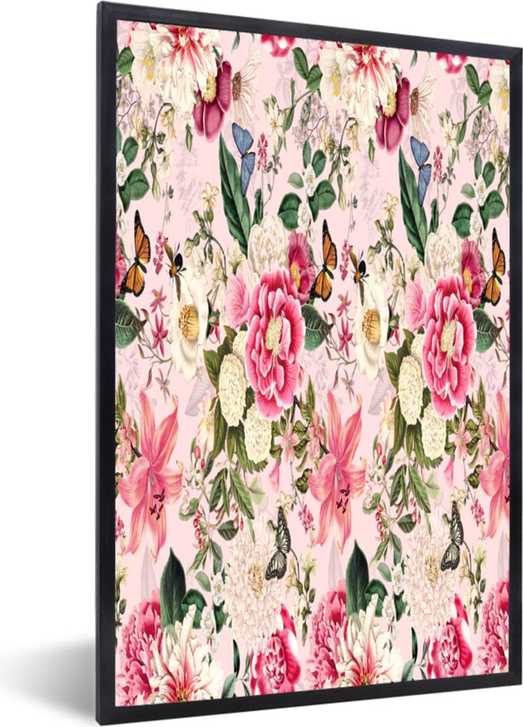 MuchoWow MuchoWow Gerahmtes Poster Blumen - Lilie - Insekten - Muster 40x60 cm - Poster mit zchwarzem Bilderrahmen - Papierdruck - Wandbilder