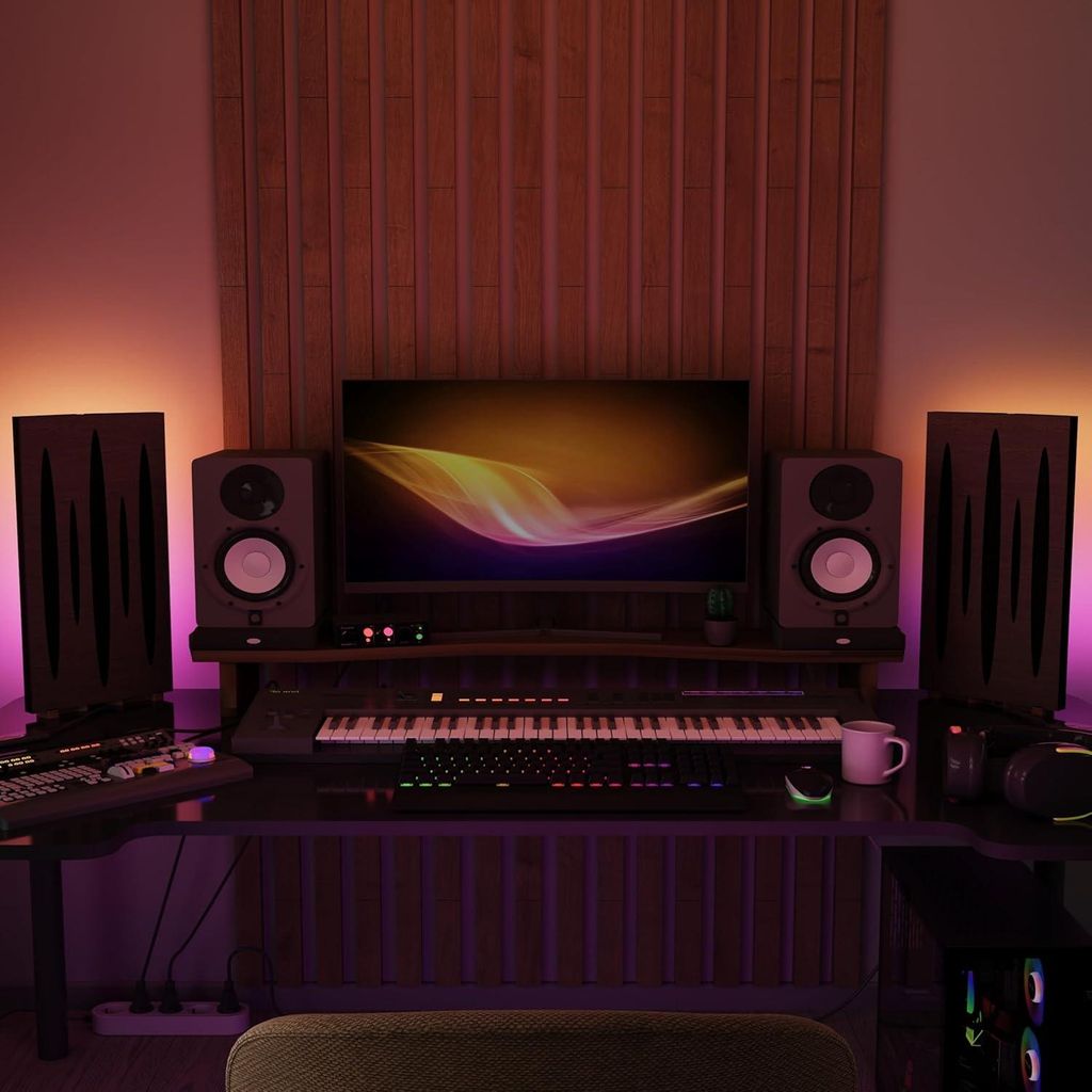 2er-Pack schmale Akustikplatten "PULSAR-mini" mit RGB-Schreibtischlampe | Mobiler Ständer mit LED-Tischfuß | 25 x 50 cm |Wenge