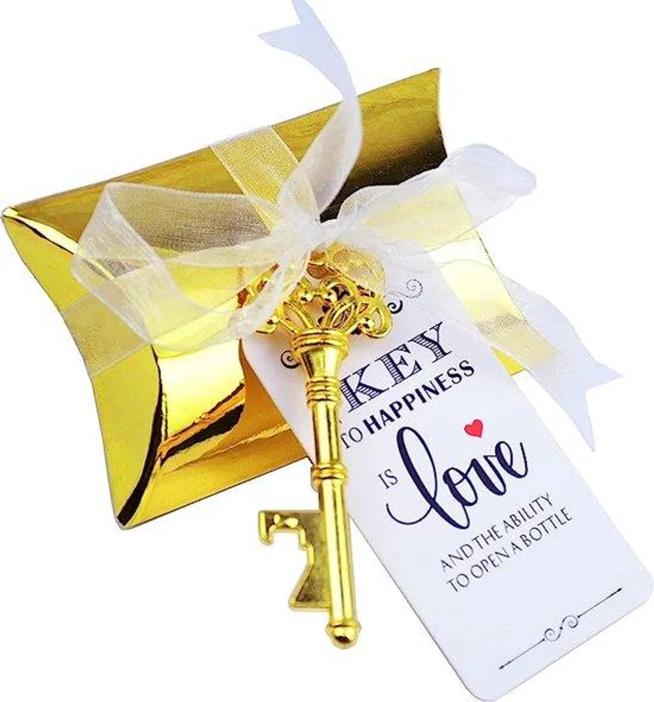 50 Ouvre-bouteilles Clé Squelette Dorée avec Boîte Cadeau et Étiquette