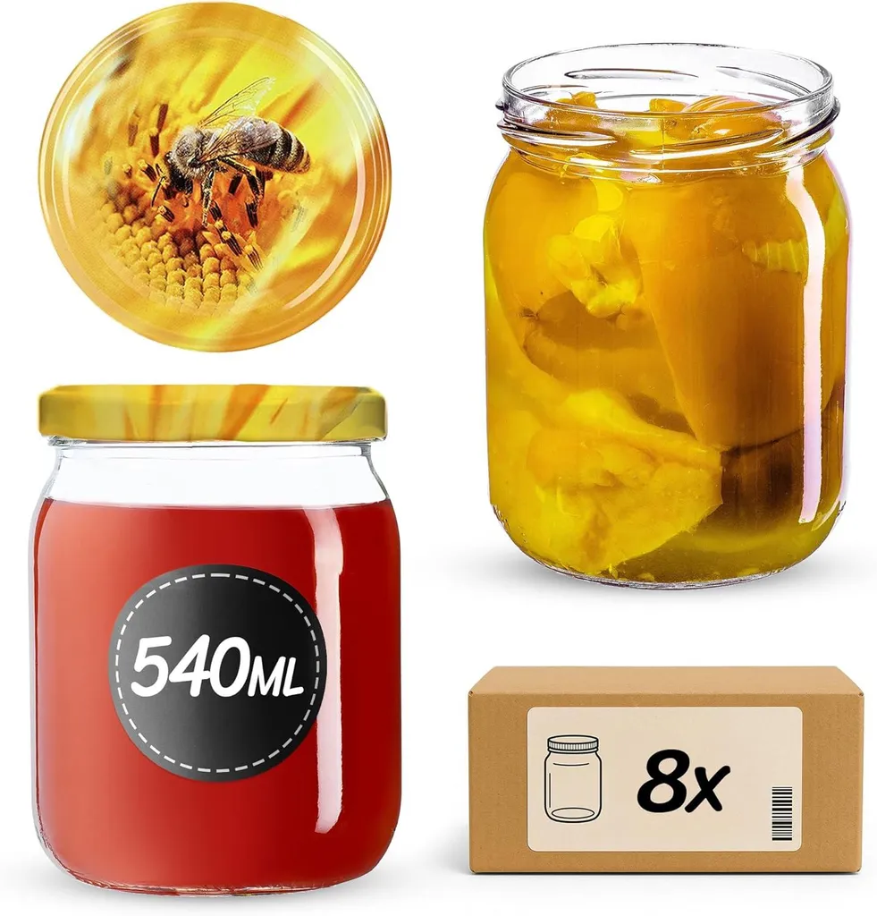 Barattoli Per Conserve In Vetro Da 540ml Con Coperchio Twist-off – Vasetti Rotondi A Quadretti Neri Per Marmellate, Cetrioli E Alimenti Secchi (confezione Da 8 Pezzi) – KADAX