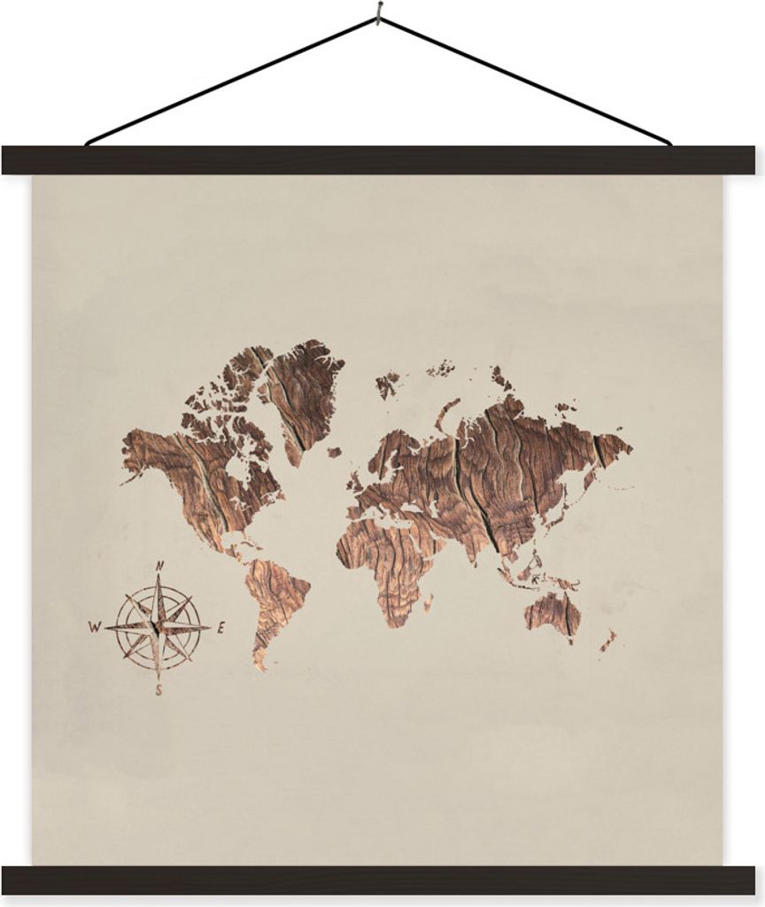 MuchoWow Textilposter Weltkarte - Holz - Kompass 120x120 cm mit schwarzem Rahmen - Aufhängungsset