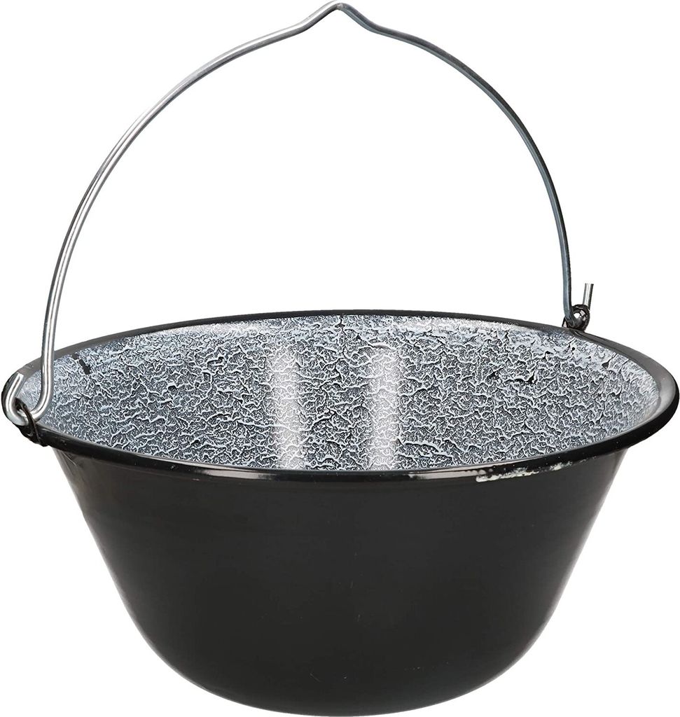 A black enamel cauldron with a silver wire handle, isolated on a white background.