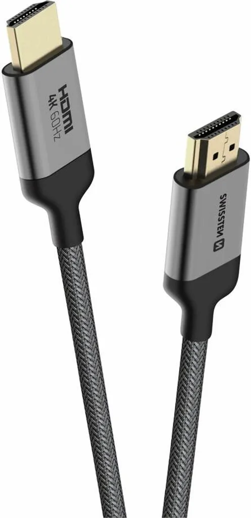 Swissten, cavo HDMI 2.0 Ultra HD 4K 60Hz intrecciato in nylon da 1 m con spine placcate oro, nero