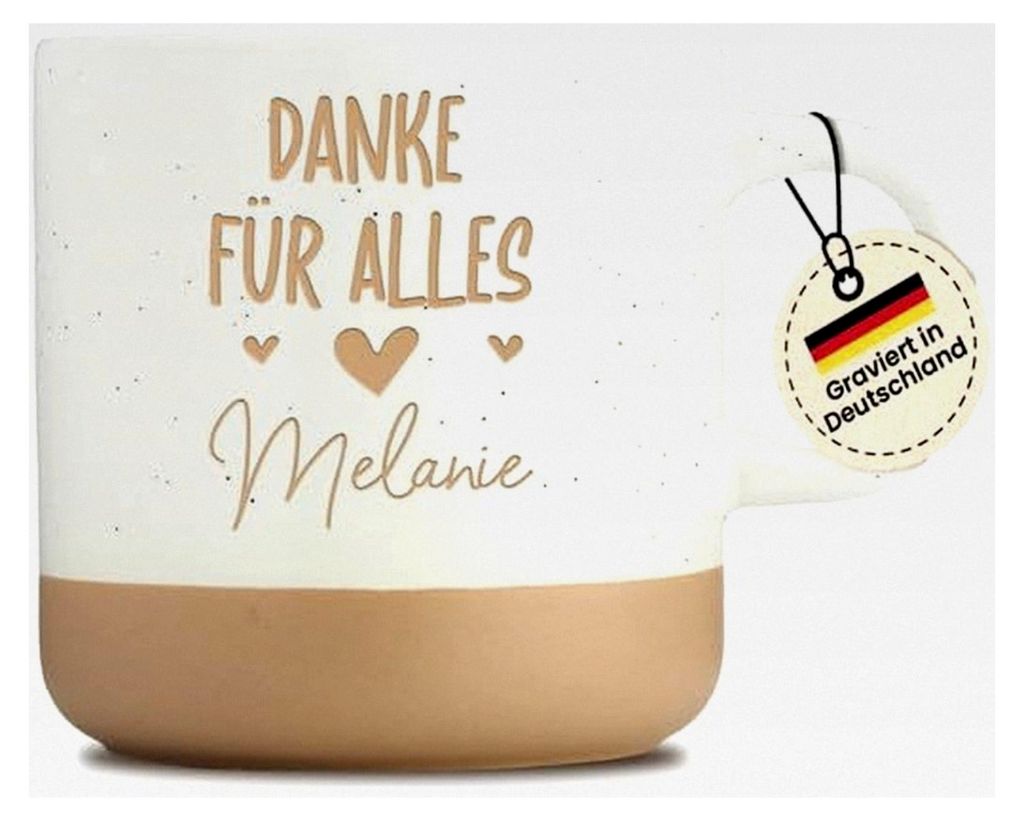 Kaffeebecher mit Gravur - Danke für Alles - Personalisierbar mit Wunschname - Geschenkidee - Erzieher, Lehrer, Kollegen, Familie - Beige