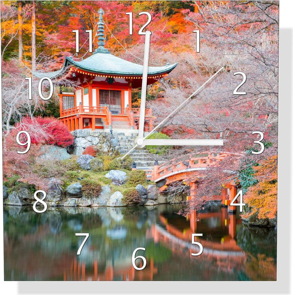 Wallario Design Wanduhr Japanischer Herbstzauber aus Echtglas, Größe 30 x 30 cm