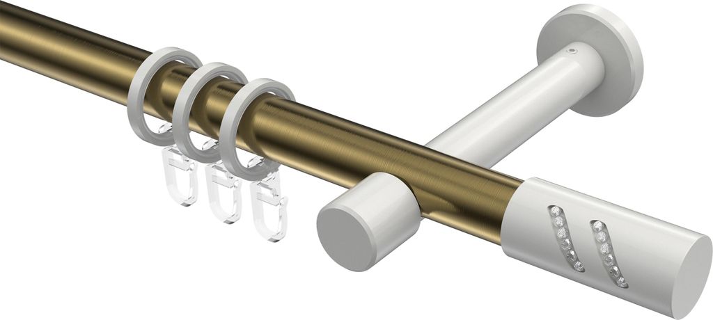 Interdeco Gardinenstange / Vorhangstange Messing Antik / Weiß, Typ Prestige Zoena (Glitzerzylinder), 20 mm Ø 1-läufig, 420 cm