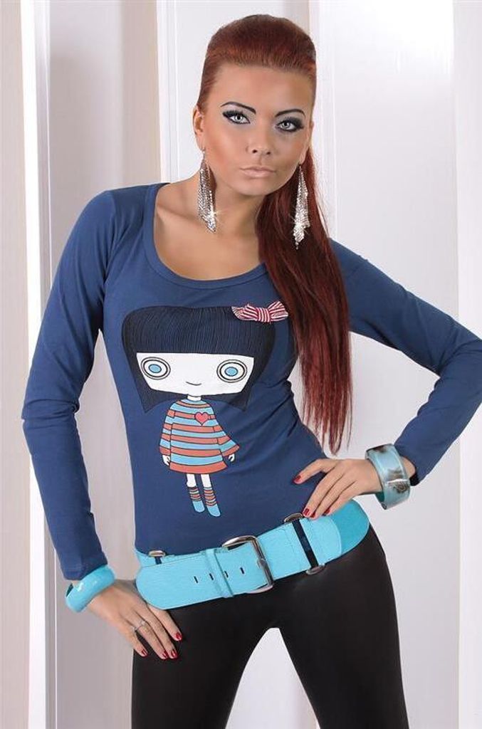 Shirt mit Mädchen Motiv Tunika Top Mode Gr. 36 38 S M 5840 Dunkelblau