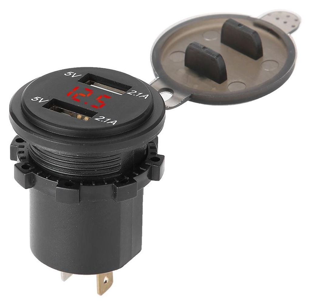 Motorrad-Auto-Zigarettenanzünder mit zwei USB-Anschlüssen, LED-Digitalanzeige und Voltmeter 12-24V (Rot)