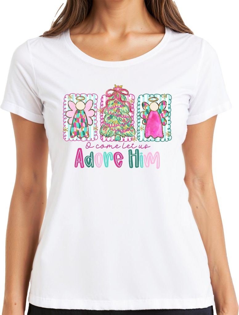 O come let us Adore Him Engel Weihnachtsbaum Christlich Pastell Damen T-Shirt, Weiß, 3XL