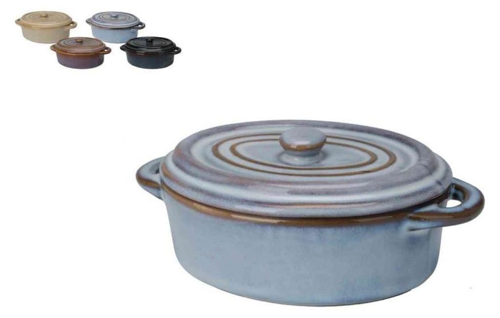 A collection of small oval ceramic dishes with lids, displayed in various colors.