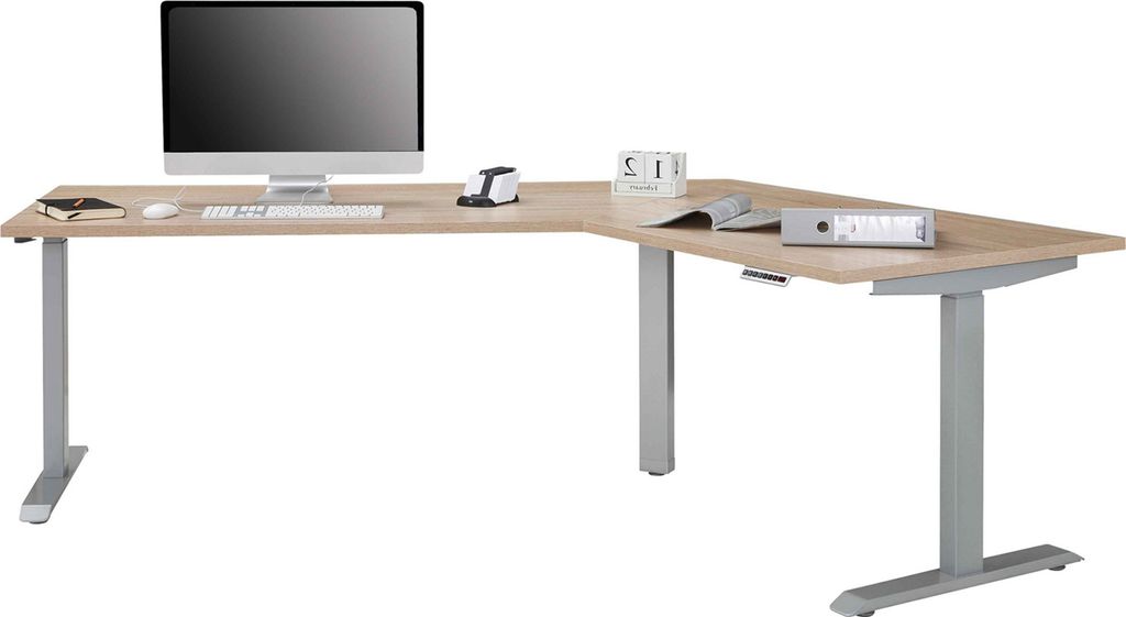 Schreibtisch "5510" aus Metall / Spanplatte in Metall platingrau - Sonoma-Eiche. Abmessungen (BxHxT) 248x120x158 cm