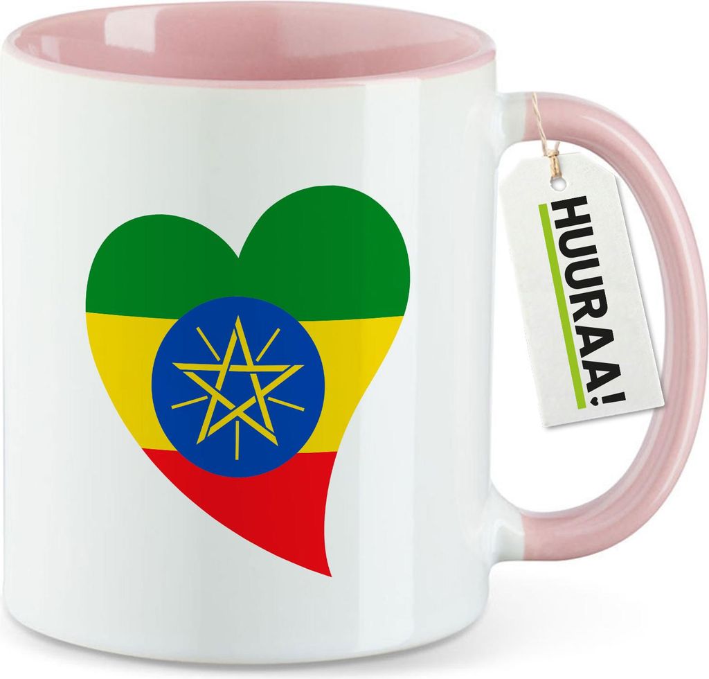 Huuraa Kaffeetasse Äthiopien Flagge Herz 330ml Rosa Keramik Kaffeebecher Geschenkidee