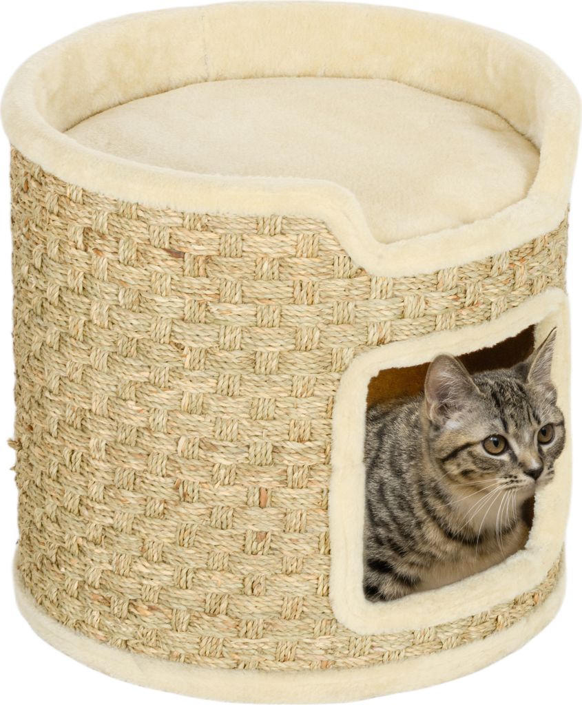 PawHut Kratztonne, 37 cm Hoch Katzentonne, Katzenhöhle mit Tür, Katzenhaus, Kratzbaum mit 2 Ebene, Katzenturm, aus Sisal, für Katze bis 5 kg, Khaki