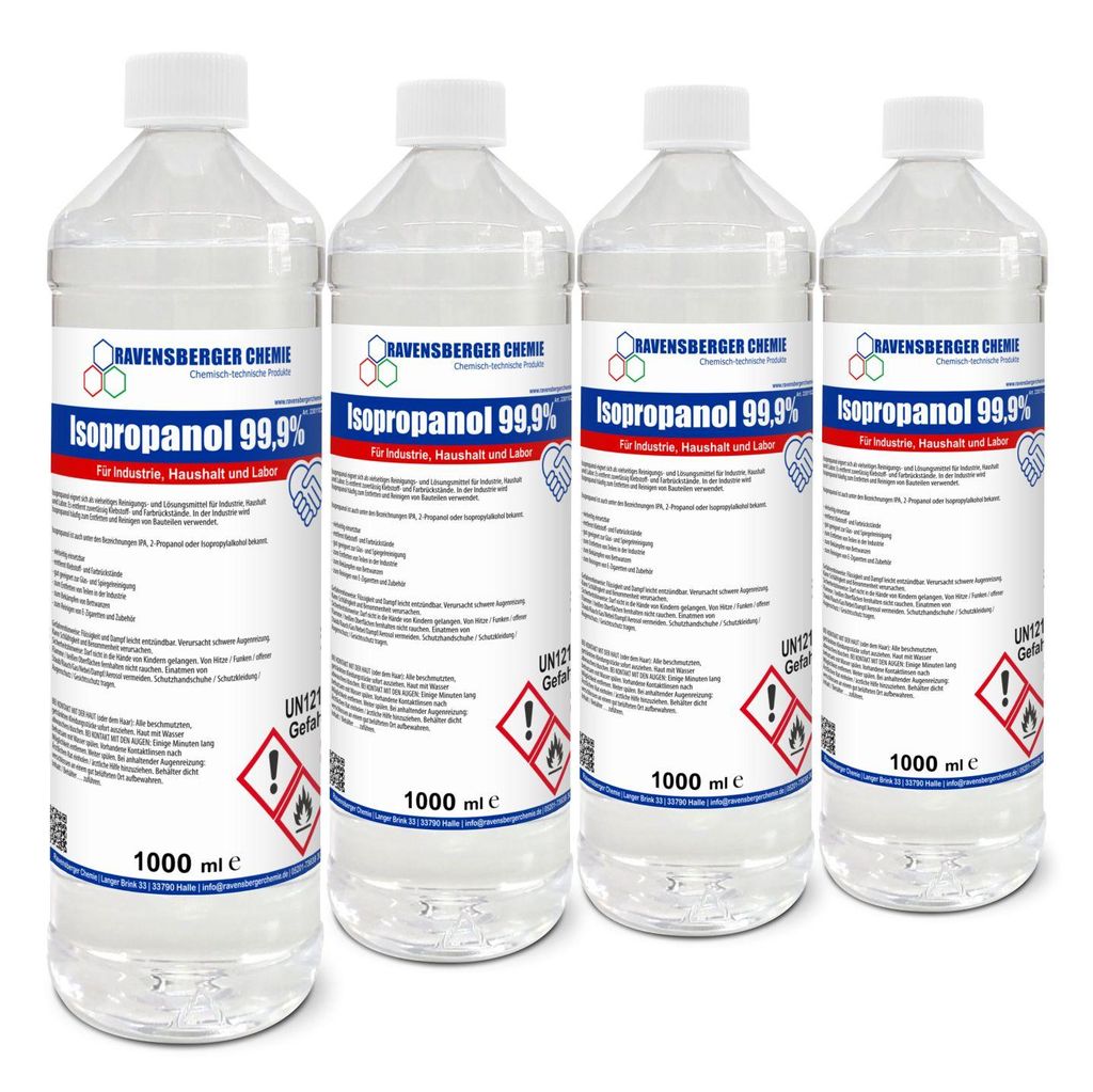 Ravensberger Chemie Isopropanol 99,9 % – hochreiner Alkohol zum Reinigen & Entfetten, rückstandsfrei, für Technik, Werkstatt & Industrie - 4x 1...