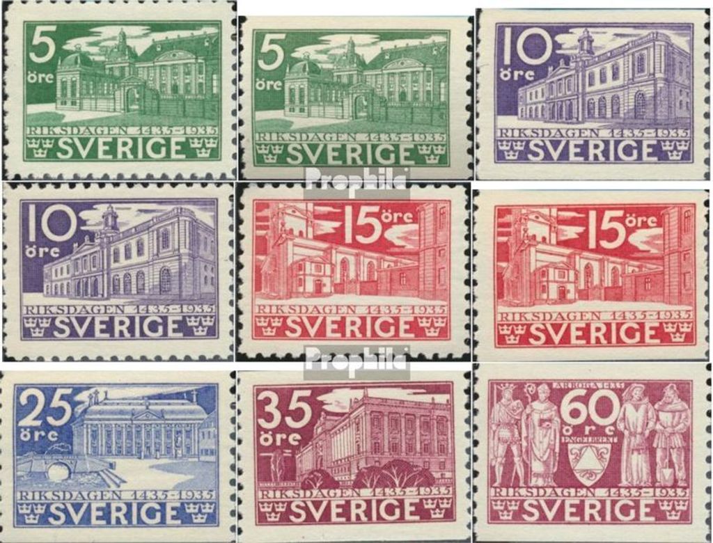 Briefmarken Schweden 1935 Mi 221-223A,B,224-226A (kompl.Ausg.) postfrisch Reichstag
