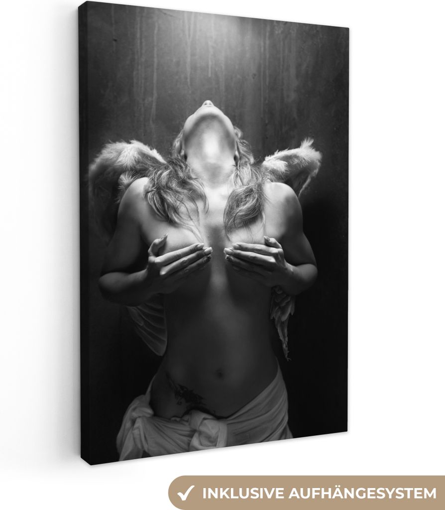 OneMillionCanvasses - Leinwandbilder - 90x140 cm, Frau - Engel - Federn - Porträt - Schwarz-Weiß, Wandbilder Kunstdruck Wanddekoration - Foto a...