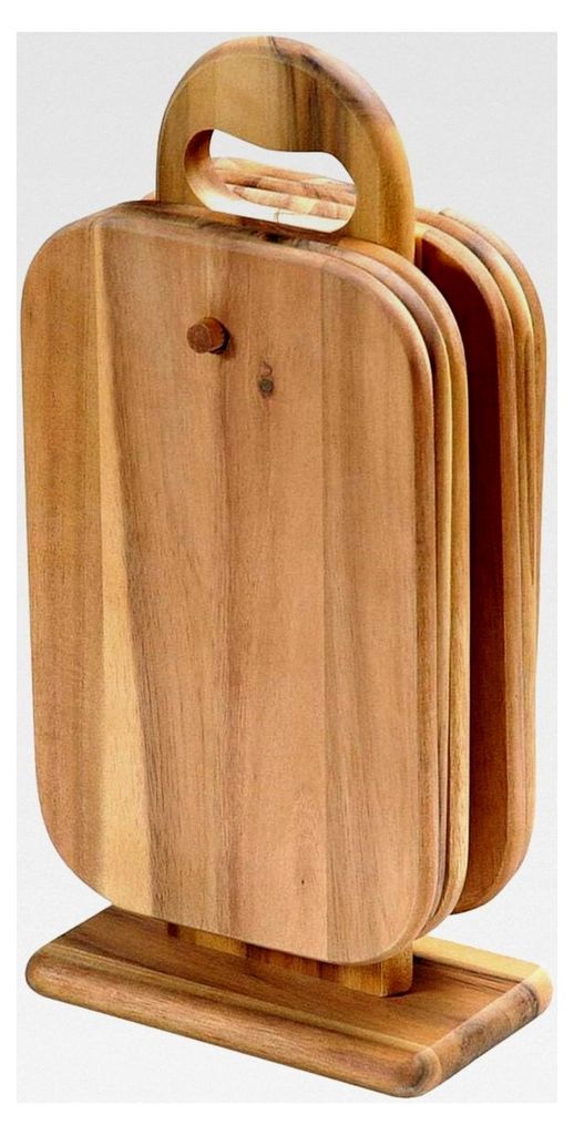 Holzständer mit 6 Frühstücksbrettchen – 7-teiliges Set aus Akazienholz, feuchtigkeitsabweisend mit Biofa-Öl, Maße: 15 x 9 x 32 cm