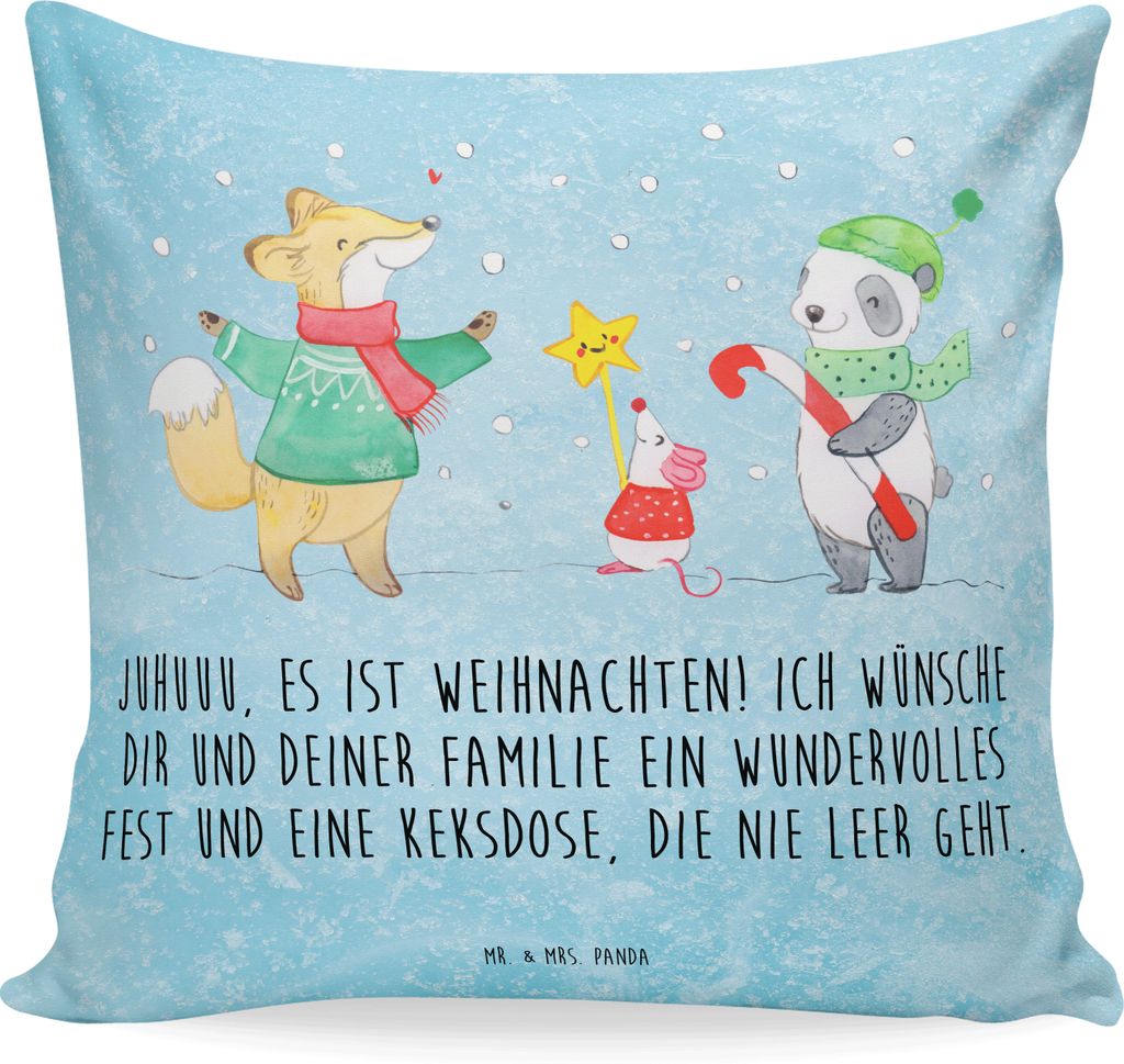 Mr. & Mrs. Panda Deko Kissen Winter Weihnachtsfreude - Eisblau - Geschenk, Weihnachtsbaum, Weihnachten, Fuchs, Sofa, 40x40, Dekokissen, kuschelkiss...
