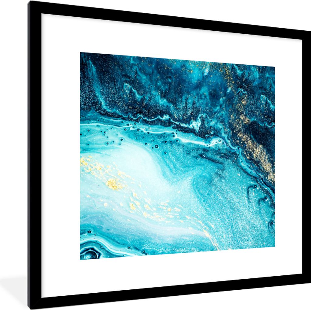 MuchoWow Gerahmtes Poster Marmoroptik - Blau - Gold - Luxe - Glitzer - Marmor 40x40 cm - Poster mit Schwarzem Bilderrahmen Wandposter Rahmen Foto...