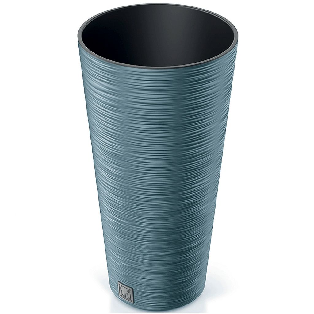 A tall, textured blue planter pot shown against a white background.