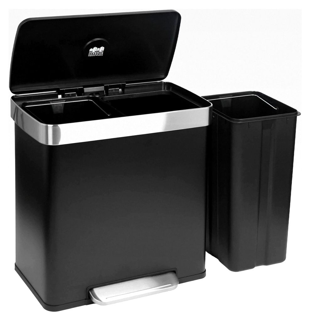 60L (2 x 30L) Doppelter Küchen-Treteimer aus Edelstahl mit Soft-Close-Deckel - Mattschwarz - 1x Groß Dual Metall Schrank Recycling Abfall Mülleimer