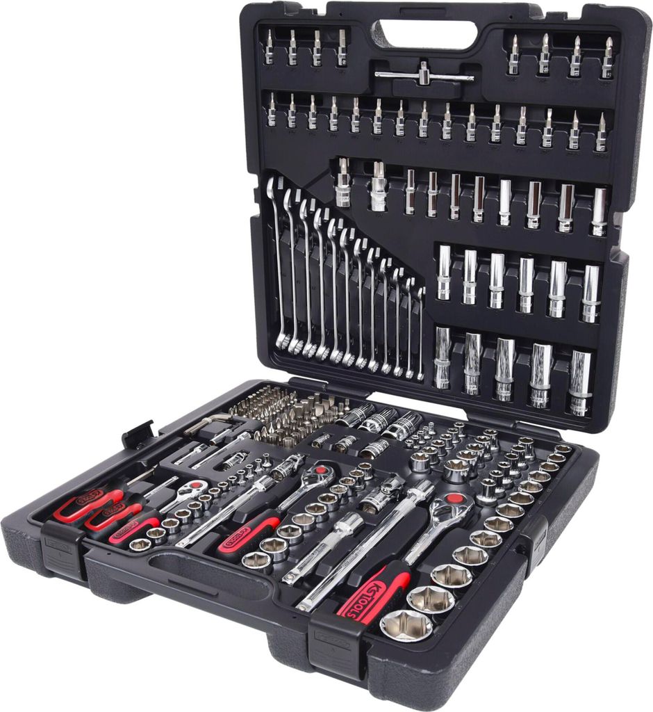 A black tool case filled with various sockets, wrenches, and other tools, presented in an open state.