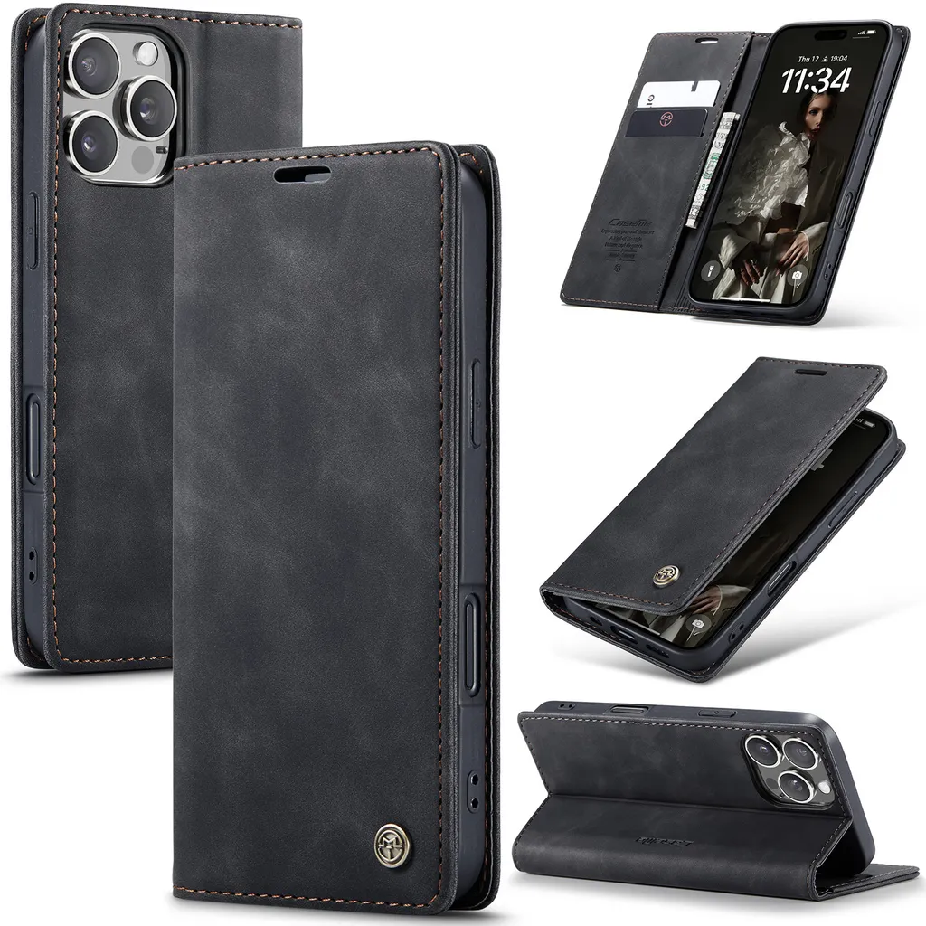 Cover Vintage iPhone 16 Pro Max Nero - Finto Cuoio con Cavalletto Video