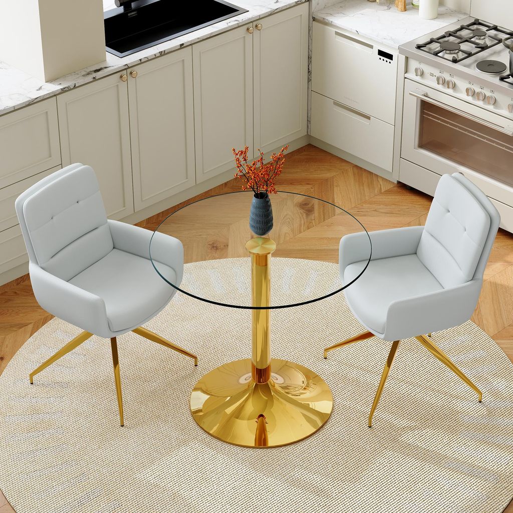 2er Set runder Esstisch aus gehärtetem Glas, 85 cm Durchmesser, goldene Metallkonstruktion, zwei hellgraue 360° drehbare PolyurethanEsszimmerstühle