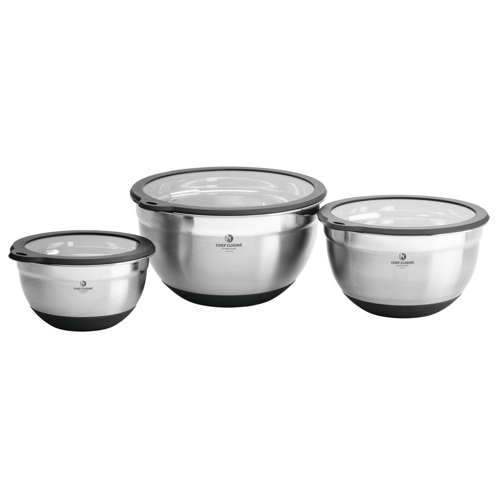 CHEF CUISINE Edelstahl Schüssel Set, 3-tlg., mit rutschfestem Silikonfuß und Glasdeckel, Rührschüssel, Salatschüssel mit Deckel