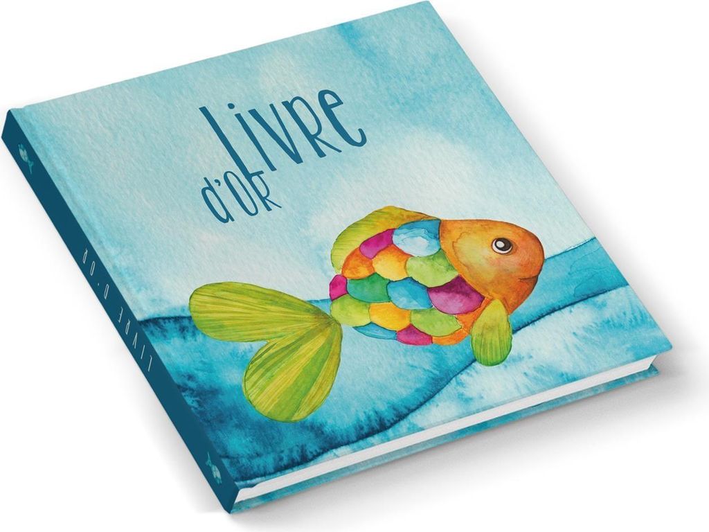 Livre d'or pour Enfant Anniversaire et Baptême à compléter Couverture Rigide Bleu Turquoise Poisson Multicolore Format Carré 21x21 cm 100 Pages...