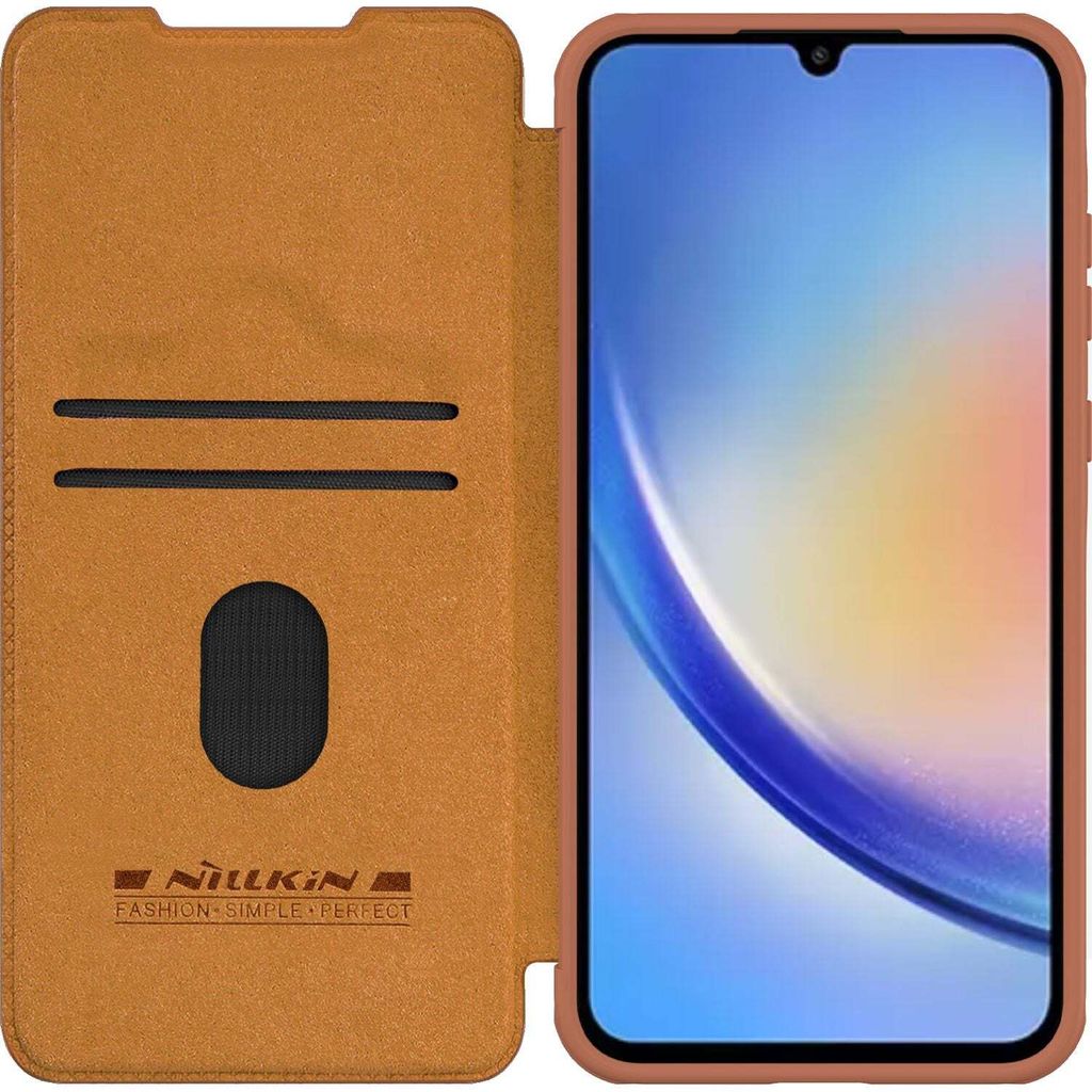 A brown flip case for a smartphone is shown open, with the smartphone inside.