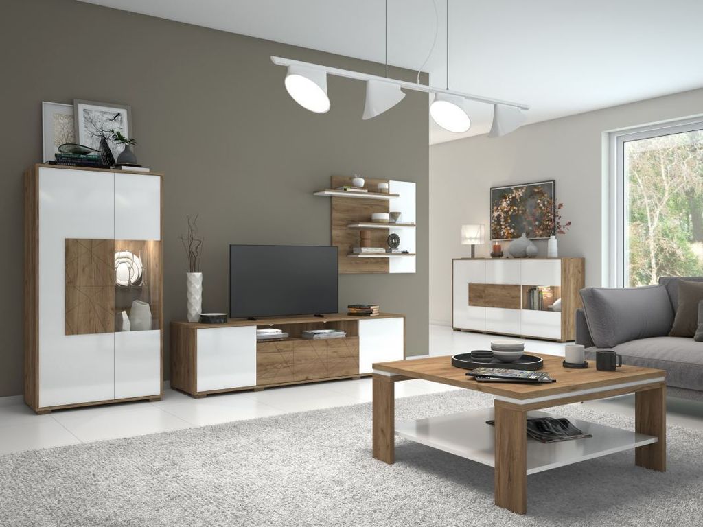 Wohnzimmer-Einrichtung Wohnzimmer Komplett - Set B Manase, 5-teilig, Farbe: Eiche Braun / Weiß Hochglanz